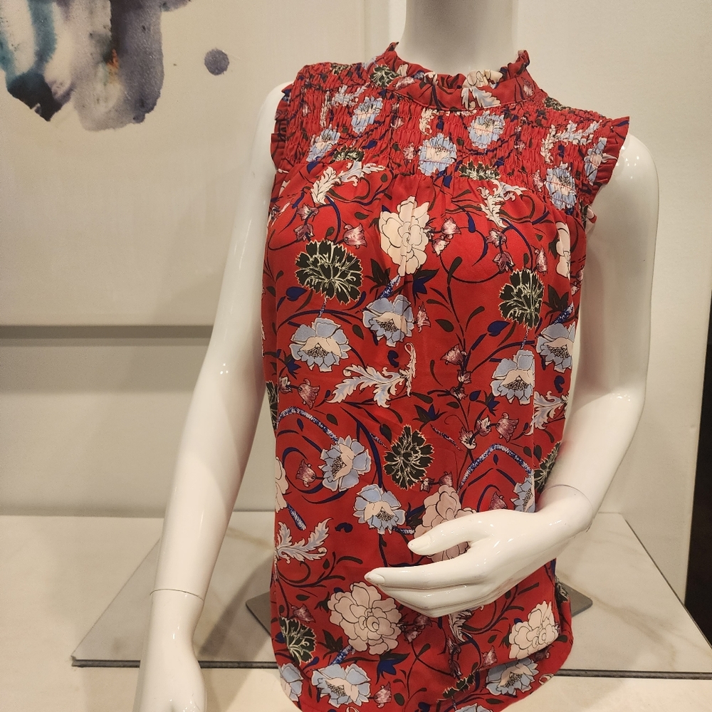 Women's [Elaine Rose] red, pink & Flirtyblue, Floral- Rouched Neck, tank blouse